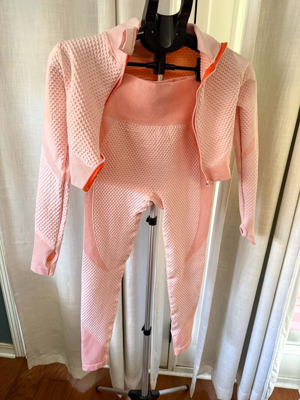 Pink Seamless Activewear Workout Set Cropped Jacket Leggings Women Size M